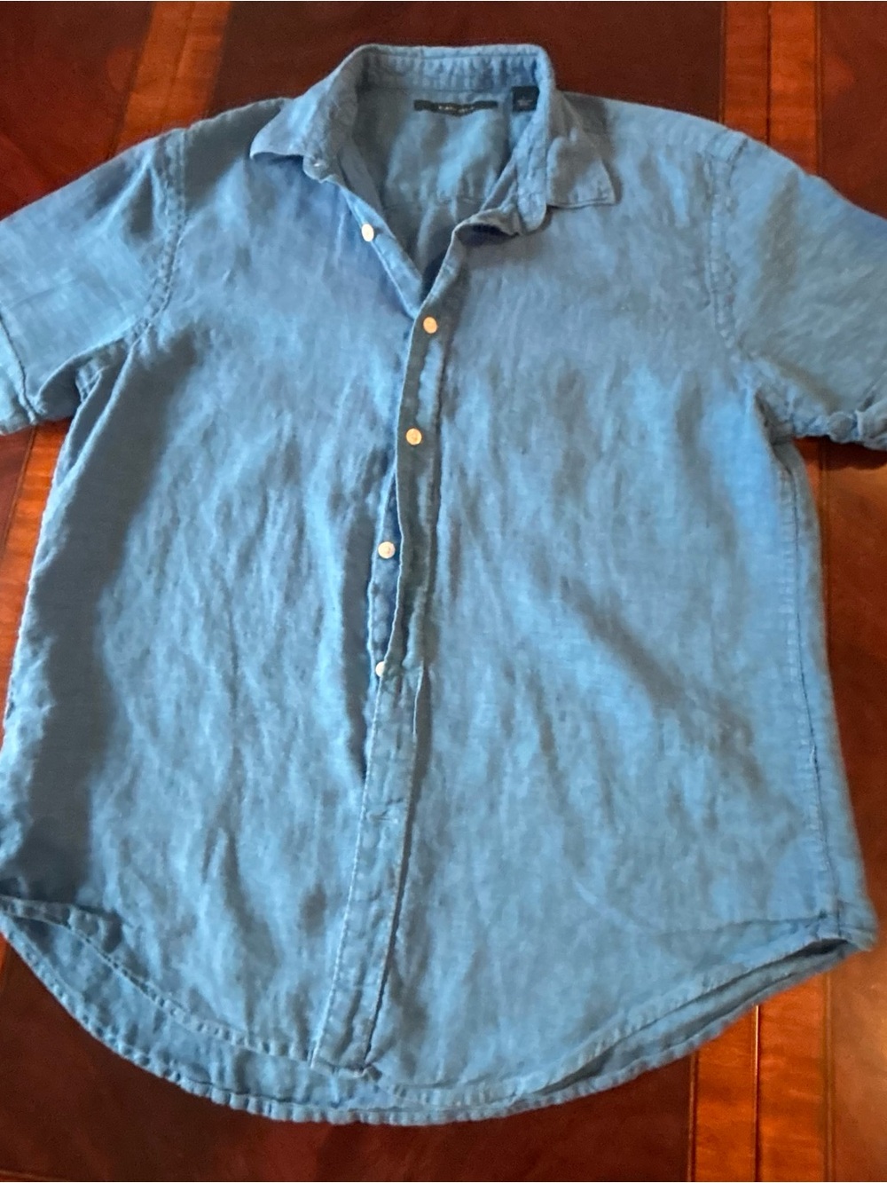 Perry Ellis Men's Size L 100% Linen Short Sleeve Button Up Shirt Light Blue Cham